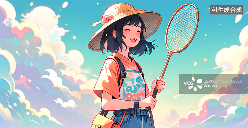 【AI数字艺术】女生拿着羽毛球拍插画图片素材