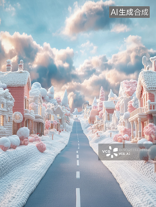 【AI数字艺术】冬日温暖毛线编织质感3d插画，小镇的公路图片素材