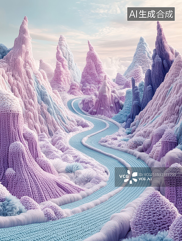 【AI数字艺术】冬日温暖毛线编织质感3d插画，群山中的蜿蜒公路图片素材