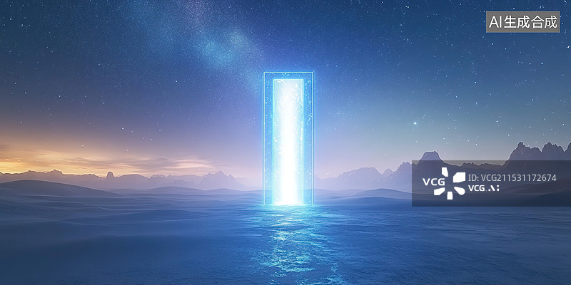 【AI数字艺术】一个3D概念的光柱门在星空下的沙漠中象征着技术的未来和未知的旅程克服障碍超现实外星球背景图片素材