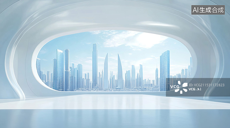 【AI数字艺术】一个3D白色极简产品展台场景干净的建筑空间平台未来城市天际线汽车广告背景图片素材