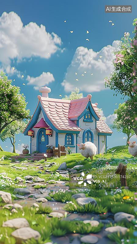 【AI数字艺术】春天里的鲜花和房屋图片素材