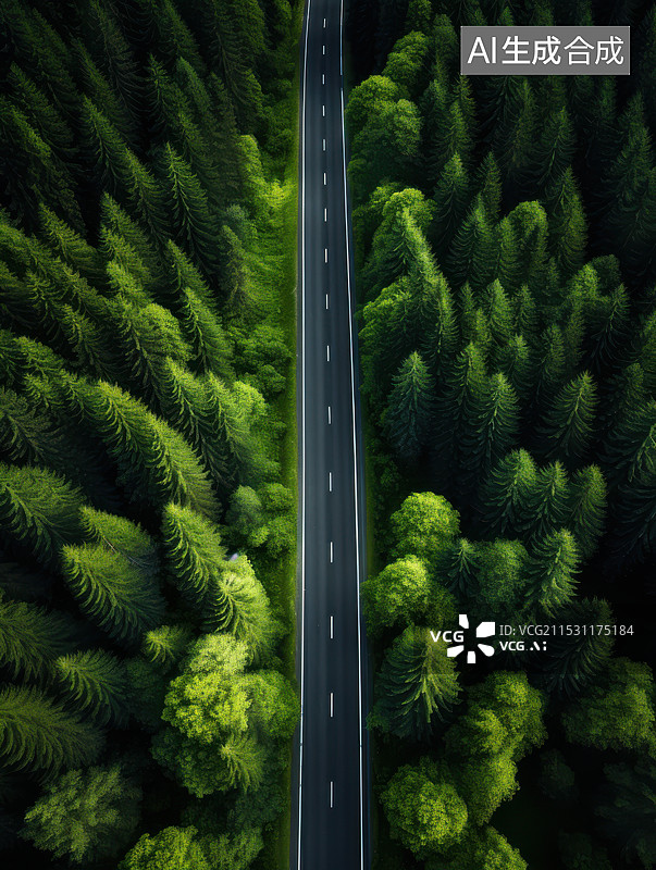 【AI数字艺术】林间公路的高角度视图图片素材