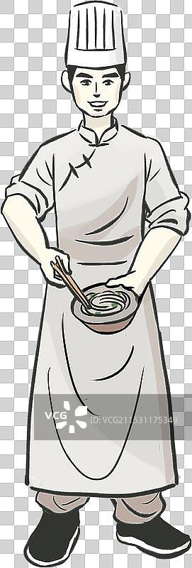 国画水墨线条人物男厨师正面全身像拌面图片素材