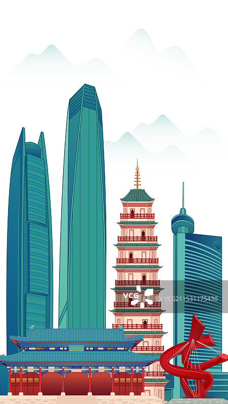 国风广东东莞城市印象地标建筑城市天际线矢量插画建筑群图片素材
