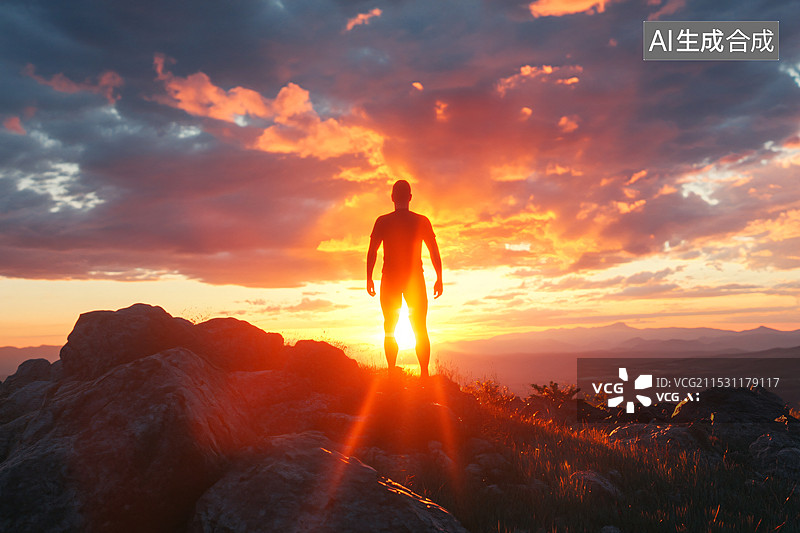 【AI数字艺术】山顶上逆光的人影图片素材