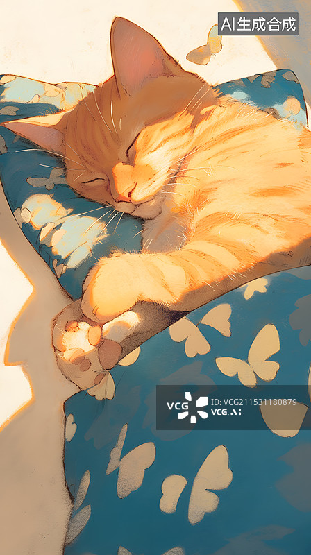 【AI数字艺术】睡觉的可爱卡通小猫插画图片素材