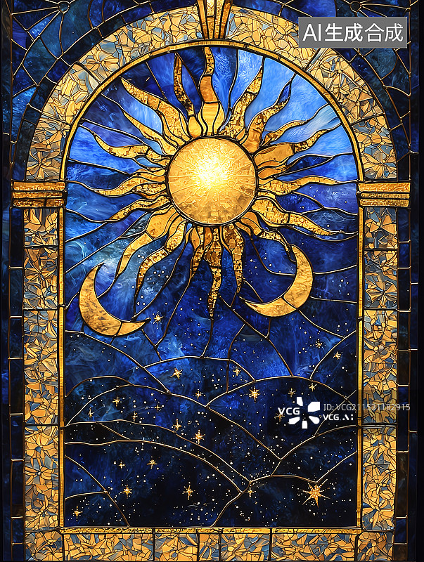 【AI数字艺术】日夜交替的哥特式彩绘玻璃图片素材