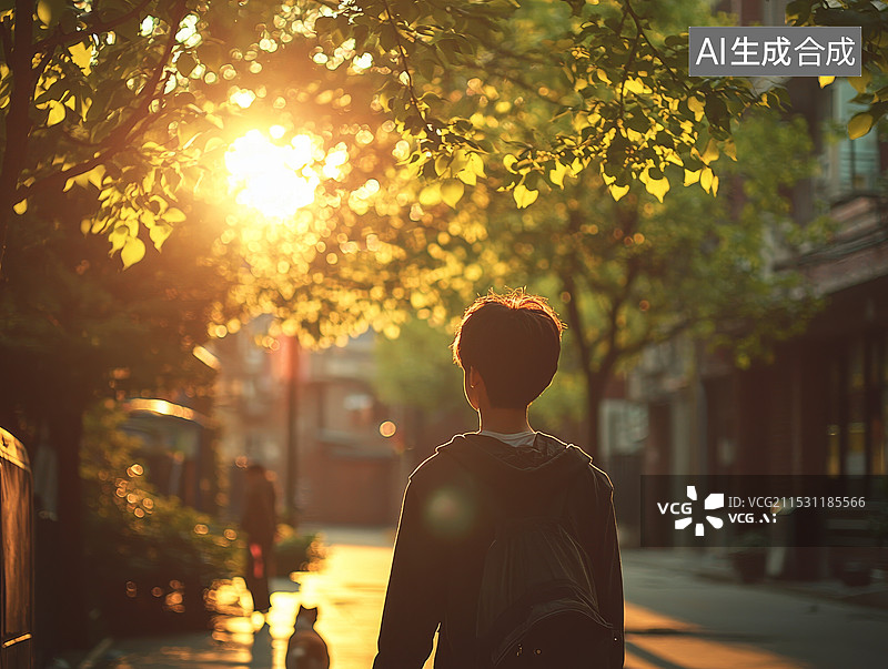【AI数字艺术】夕阳街头的小男孩剪影图片素材