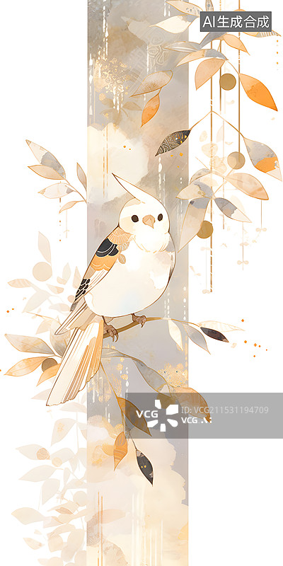 【AI数字艺术】金箔花鸟印象-新中式国风装饰插画竖版图片素材