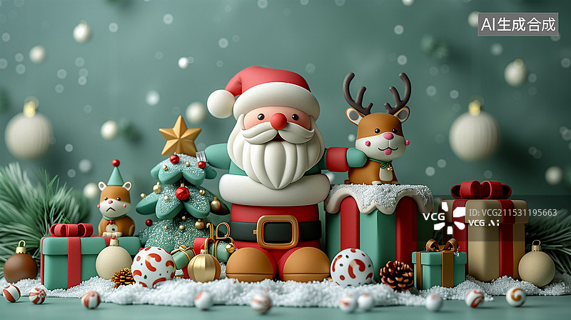 【AI数字艺术】三维迪士尼风格圣诞老人、麋鹿与礼盒图片素材