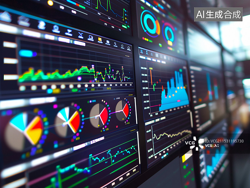 【AI数字艺术】计算机集群为大屏幕展示的数据中心图表提供实时计算与更新。图片素材