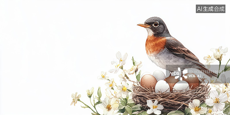 【AI数字艺术】一只站在鸟巢上的小鸟，鸟巢里有几颗蛋。背景是白色的，周围点缀着粉色的花朵和绿色的叶子。图片素材