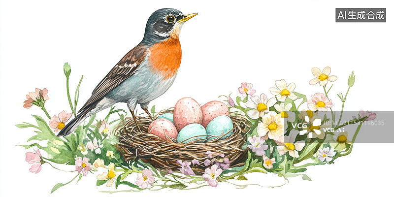 【AI数字艺术】一只站在鸟巢上的小鸟，鸟巢里有几颗蛋。背景是白色的，周围点缀着粉色的花朵和绿色的叶子。图片素材