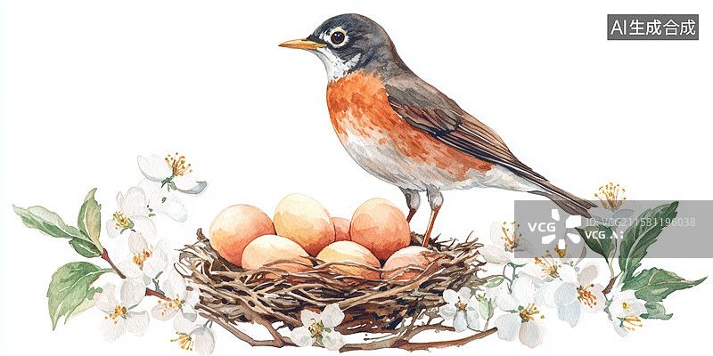 【AI数字艺术】一只站在鸟巢上的小鸟，鸟巢里有几颗蛋。背景是白色的，周围点缀着粉色的花朵和绿色的叶子。图片素材