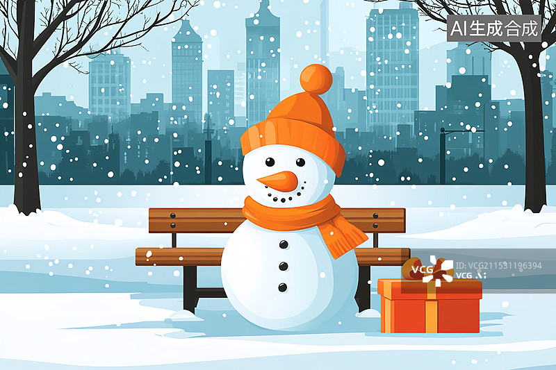 【AI数字艺术】冬天公园长椅上的可爱雪人插画图片素材