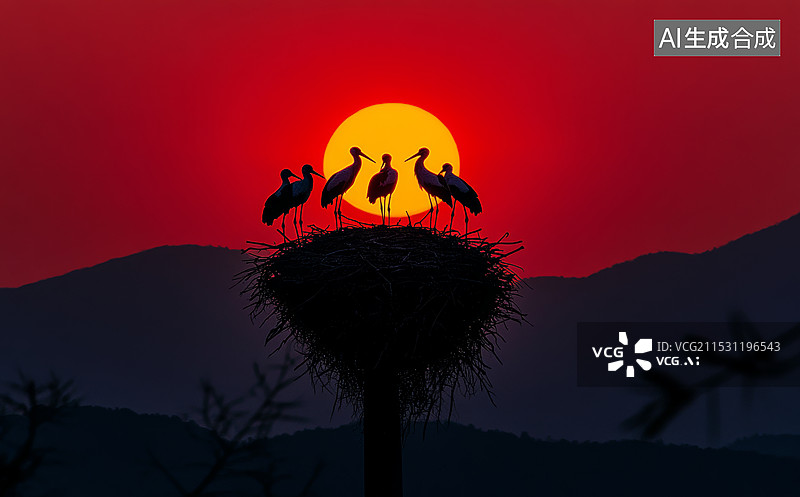 【AI数字艺术】一群鸟儿在夕阳下的剪影。背景是壮丽的山脉和火红的天空，太阳正缓缓落下，将整个画面染成一片红色。图片素材