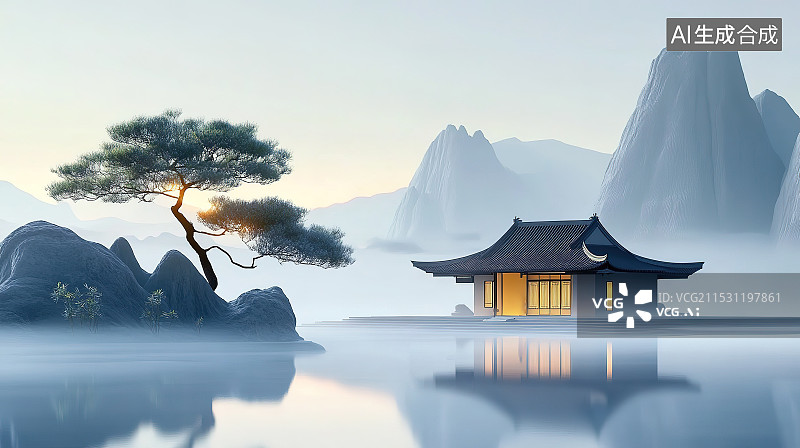 【AI数字艺术】禅意山居图图片素材