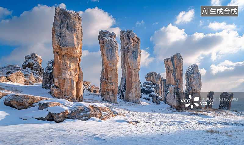 【AI数字艺术】冬季雪景中的一片奇特岩石景观。高耸的石柱在白雪覆盖的地面上显得格外引人注目，蓝天白云为背景增添了自然图片素材