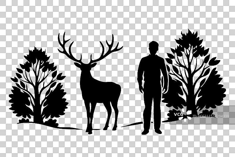 一个男人站在一只鹿旁边的剪影图片素材