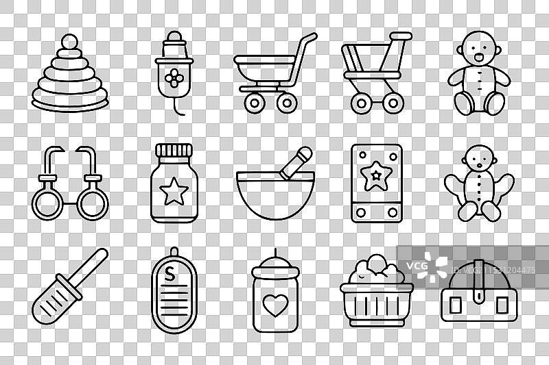 与婴儿护理相关的黑色15件图标集，独立展示图片素材