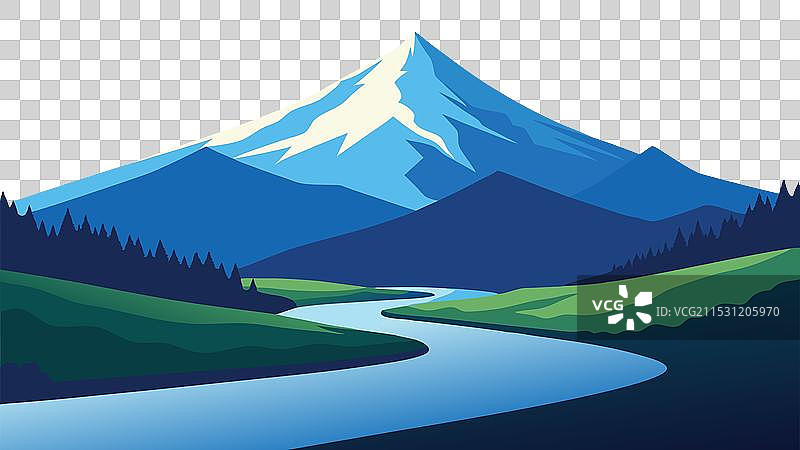 河流穿过郁郁葱葱的田野，四周环绕着图片素材