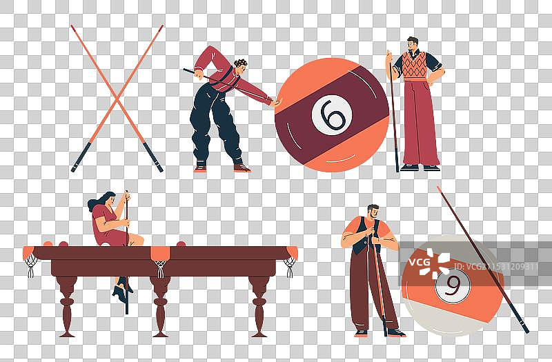 迷你台球选手与巨型台球图片素材