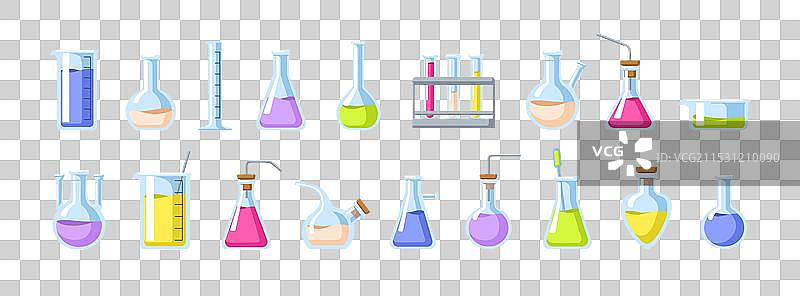 实验室玻璃器皿套装：烧瓶、量杯和试管图片素材