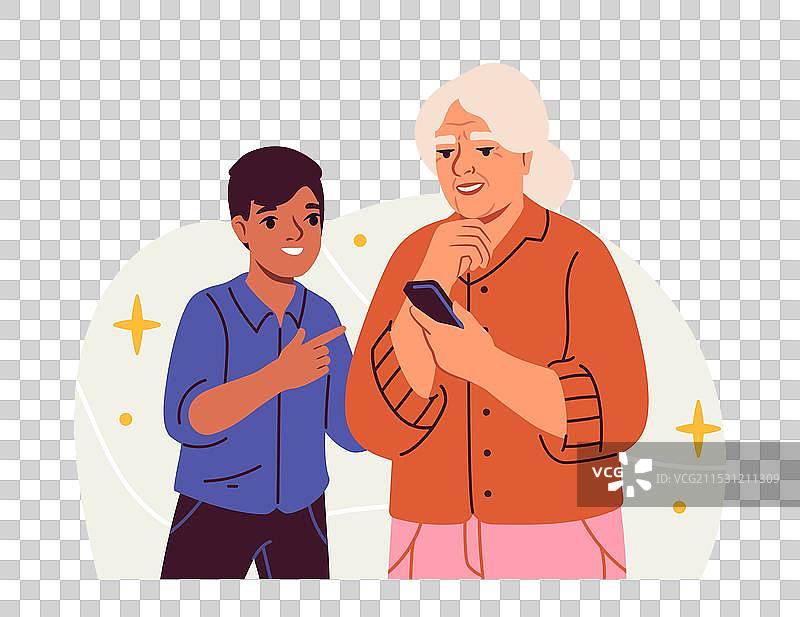 拿着智能手机的男孩与祖母的家庭图片素材