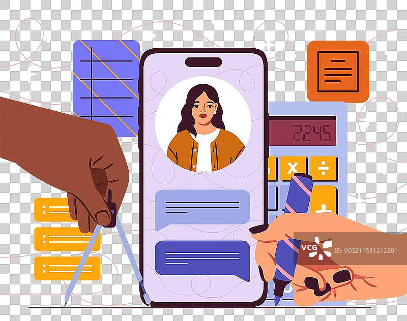 用智能手机与女老师在线聊天图片素材