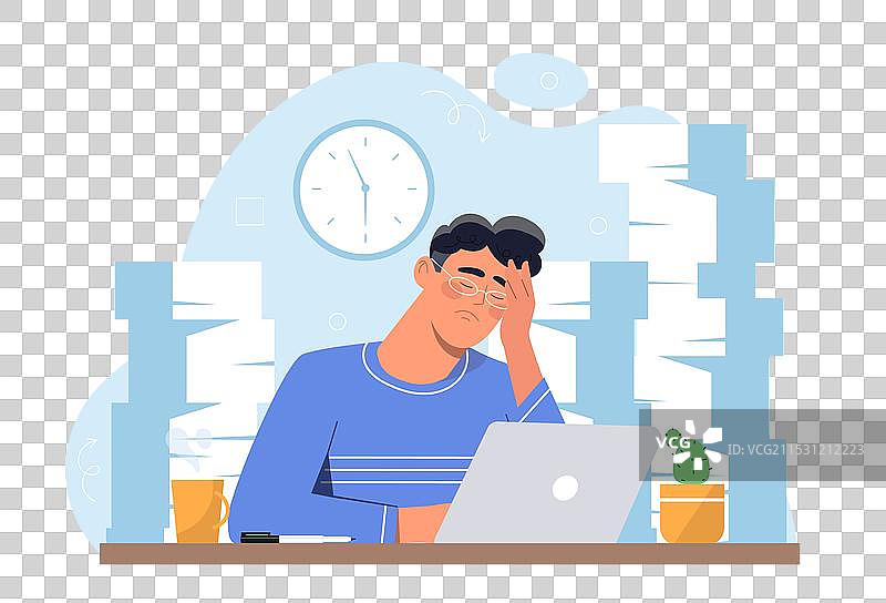 工作过载的年轻人疲惫地坐着图片素材
