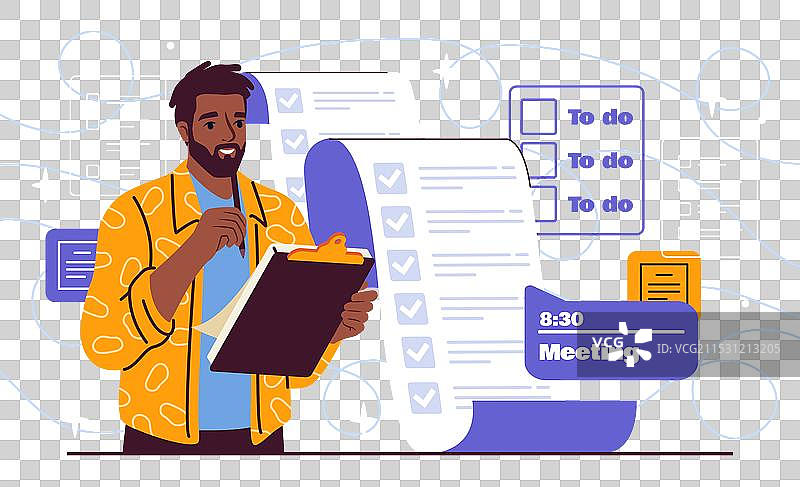 一个正在计划的年轻男子，手里拿着一张长长的清单图片素材