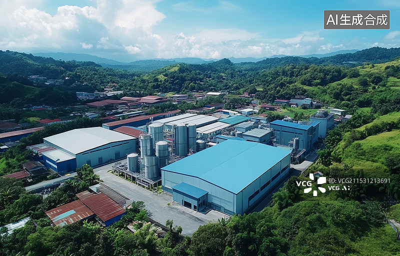 【AI数字艺术】一个大型的工业设施，可能是炼油厂或化工厂。背景是黄昏时分的天空，云层呈现出柔和的颜色，前景是一片绿色图片素材