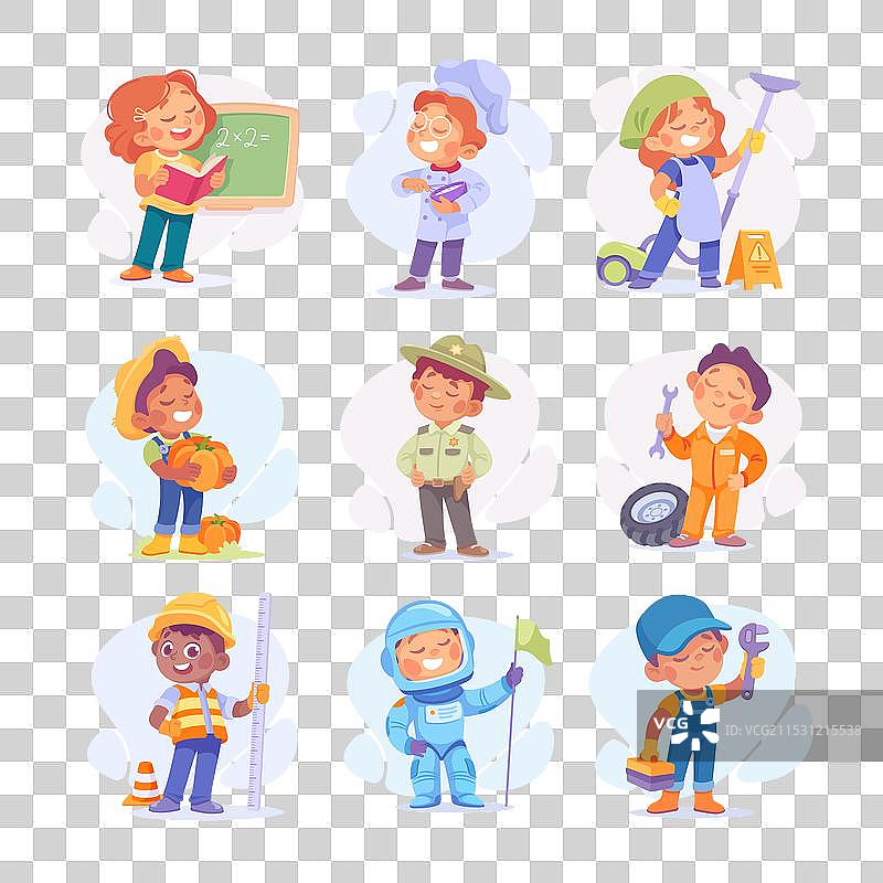 孩子穿着不同职业的服装扮演各种工作图片素材