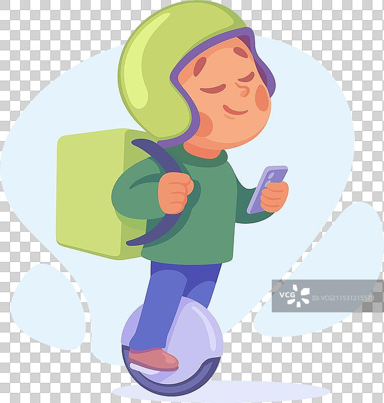 骑独轮车的男孩送货，背着包，像个孩子。图片素材