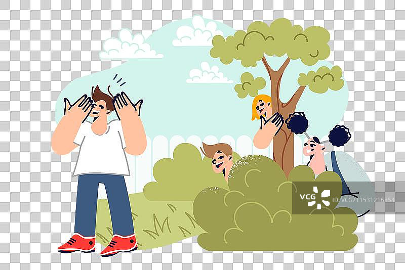 孩子们在街上玩捉迷藏，欢声笑语。图片素材