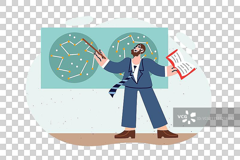 男天文学家研究星图并指点。图片素材