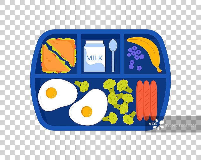 蓝色塑料托盘上的早餐俯视图图片素材