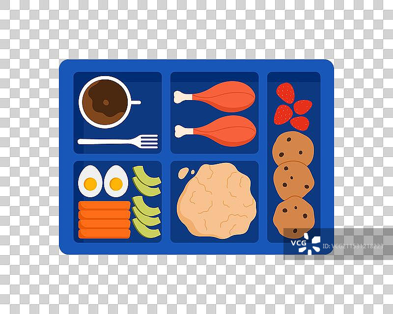 蓝色塑料托盘上放着食物和咖啡的俯视图图片素材