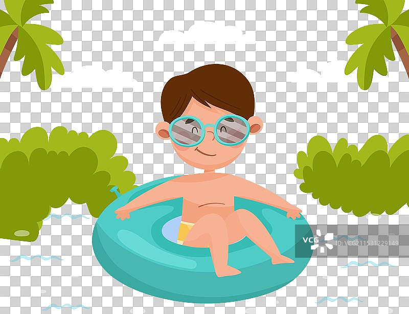 快乐的男孩在海里游泳，坐在橡皮圈里图片素材