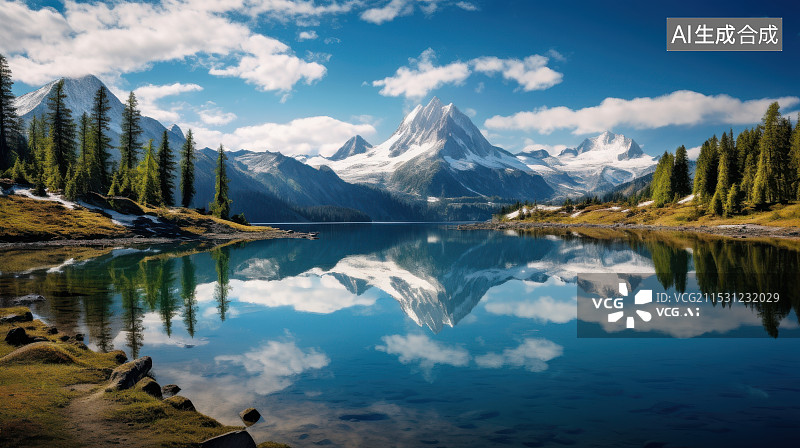 【AI数字艺术】白雪皑皑的群山映衬下的湖景图片素材