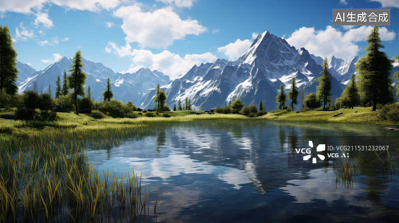 【AI数字艺术】白雪皑皑的群山映衬下的湖景图片素材