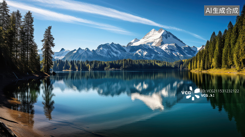 【AI数字艺术】白雪皑皑的群山映衬下的湖景图片素材