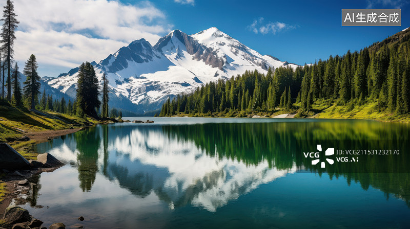 【AI数字艺术】白雪皑皑的群山映衬下的湖景图片素材