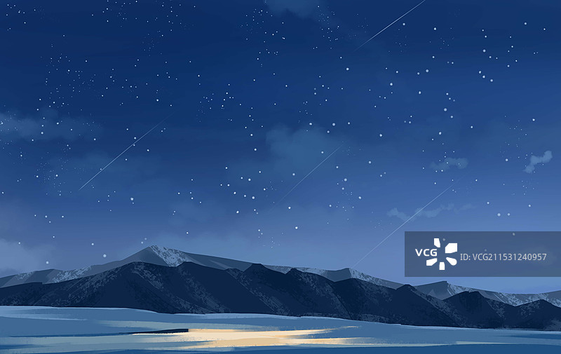 冬至节气夜幕下白雪皑皑的山景冬天风景插画图片素材