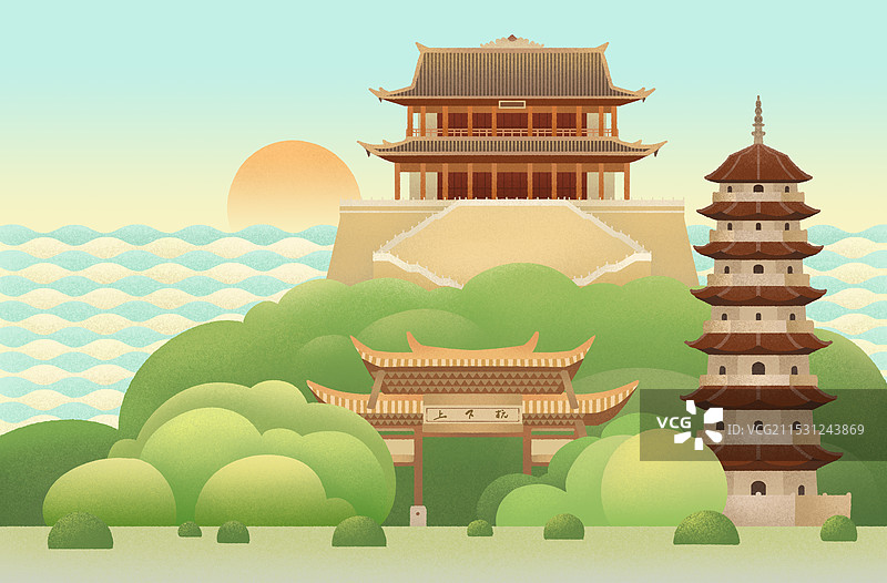 福州城市地标建筑镇海楼上下杭乌塔景点扁平插画图片素材