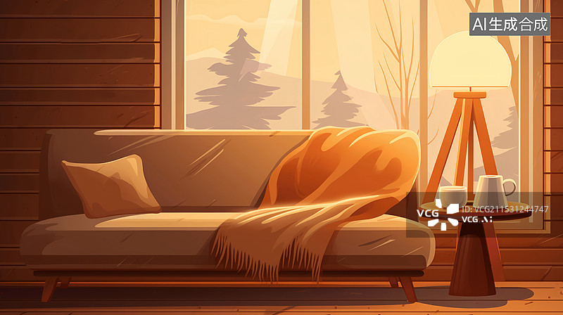 【AI数字艺术】冬天雪中小木屋客厅沙发温暖场景图片素材