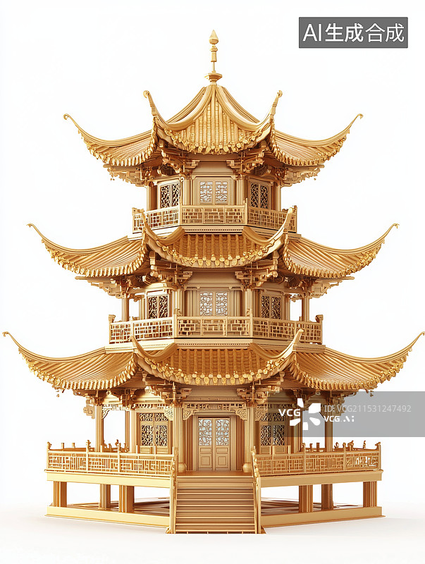 【AI数字艺术】金色古典中式建筑模型图片素材