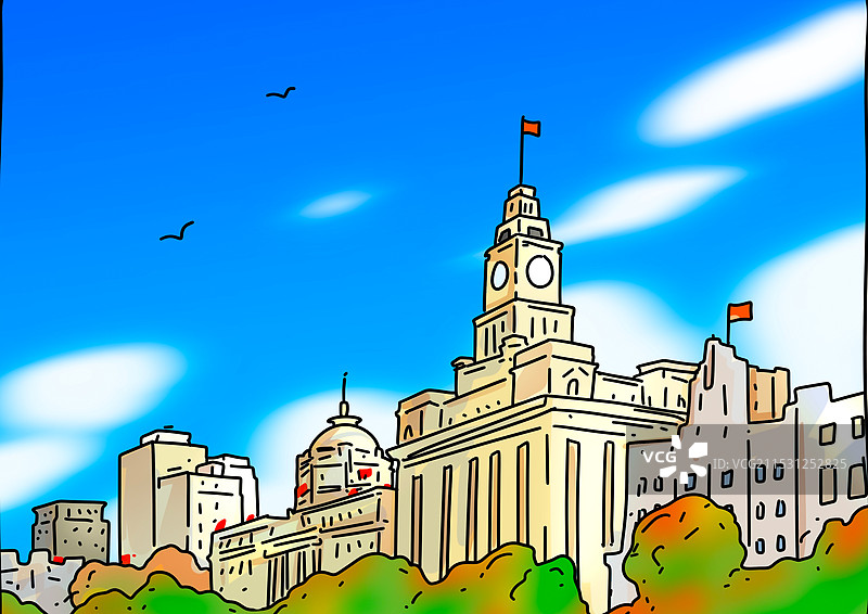 上海，网红，外滩，万国建筑群，地标二十四节气风景背景自然景观插画图片素材