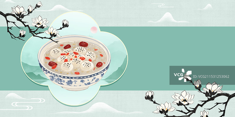 中国风国风水墨风上海特色小吃百果馅酒酿圆子插画健康特色美食年俗美味二十四节气插画图片素材